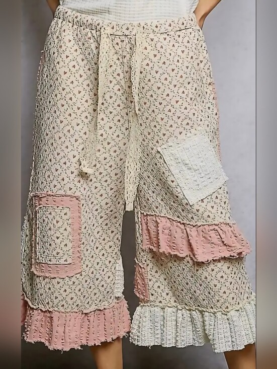 POL Pants - POL Floral Pants with Patches and Ruffle Details in Natural/Pink NWOT